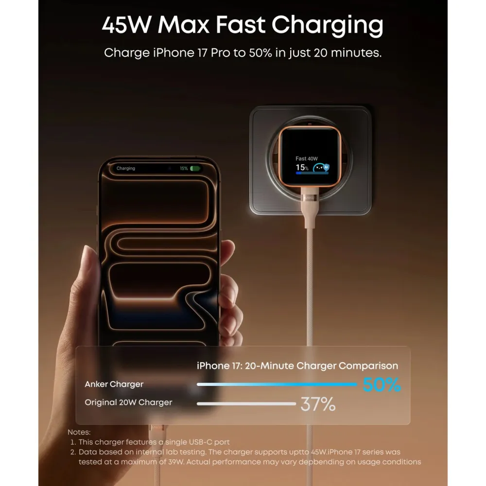 Anker Mobiltelefonladere|Nano Charger 45 W USB-C-lader med smart display