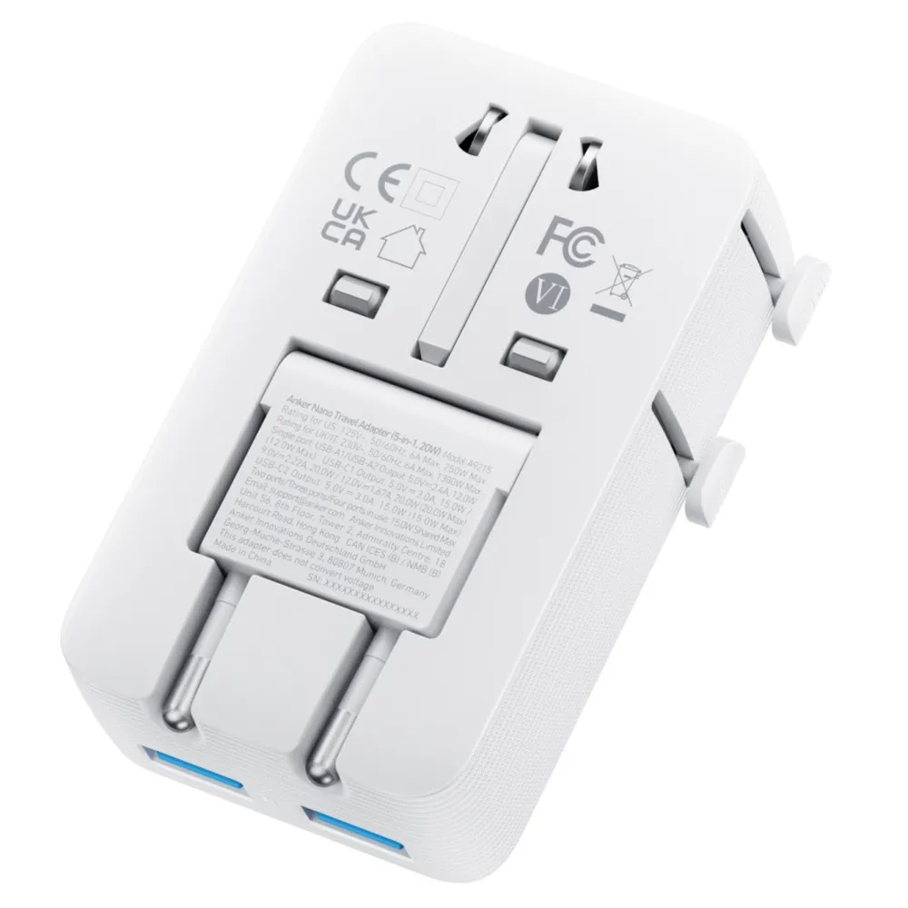 Anker Reiseeffekter|Overfallsalarm|Nano Travel Adapter 5-i-1-reiseadapter (20 W) Hvit