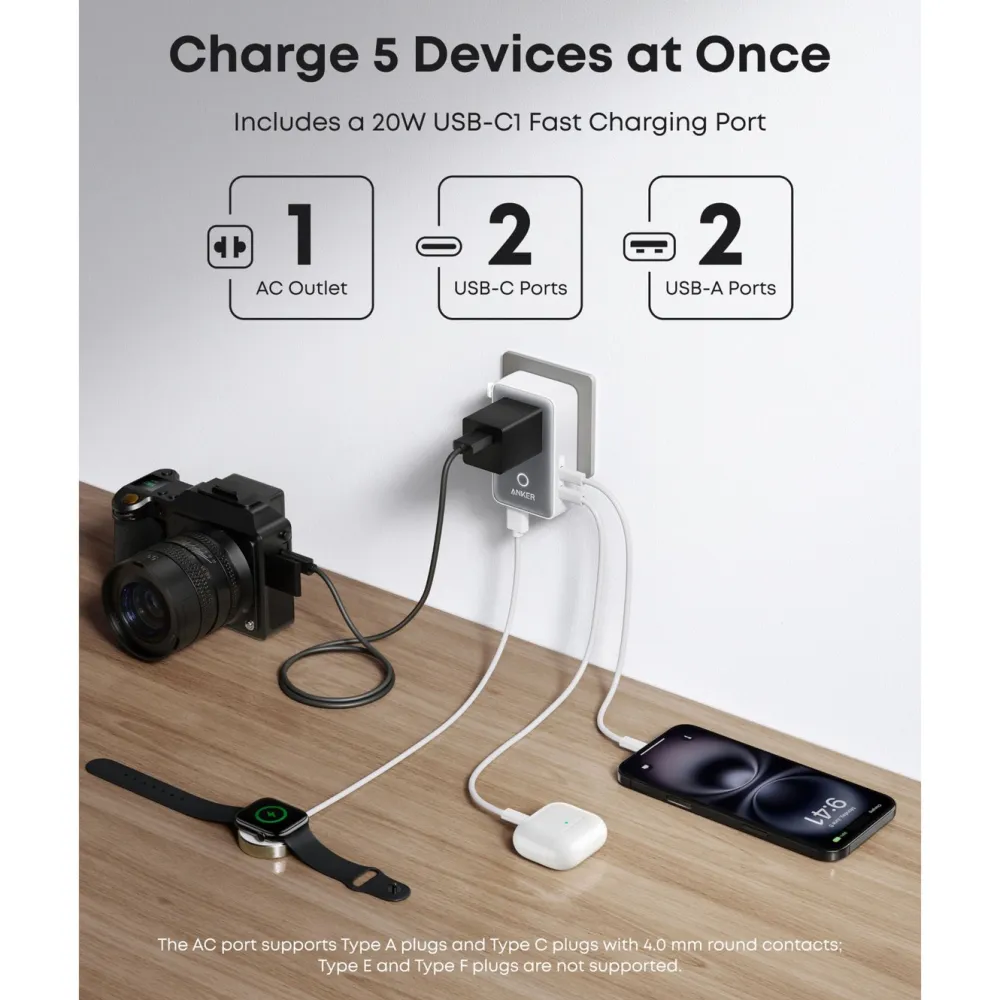 Anker Reiseeffekter|Overfallsalarm|Nano Travel Adapter 5-i-1-reiseadapter (20 W) Hvit