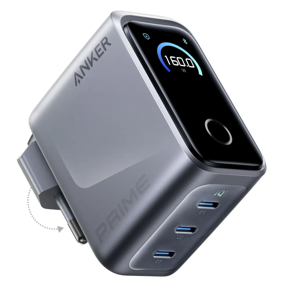 Anker Mobiltelefonladere|Prime Charger 160 W – USB-C-lader med 3 porter og display