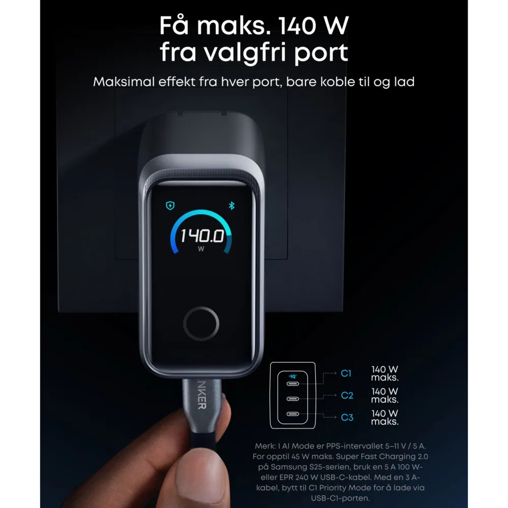 Anker Mobiltelefonladere|Prime Charger 160 W – USB-C-lader med 3 porter og display
