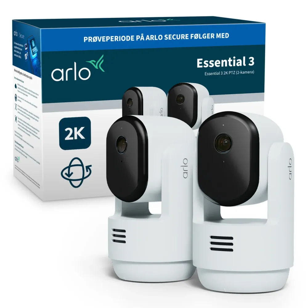 Arlo Kameraovervåking|Essential 3 2K PTZ – Overvåkingskamera innendørs 2-pk.