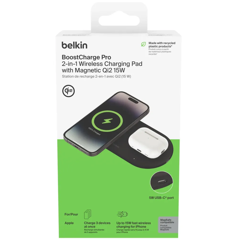 Belkin Iphone-Tilbehør|Hjemmekontor|BoostCharge Pro 2-i-1 med Qi2 15 W Svart