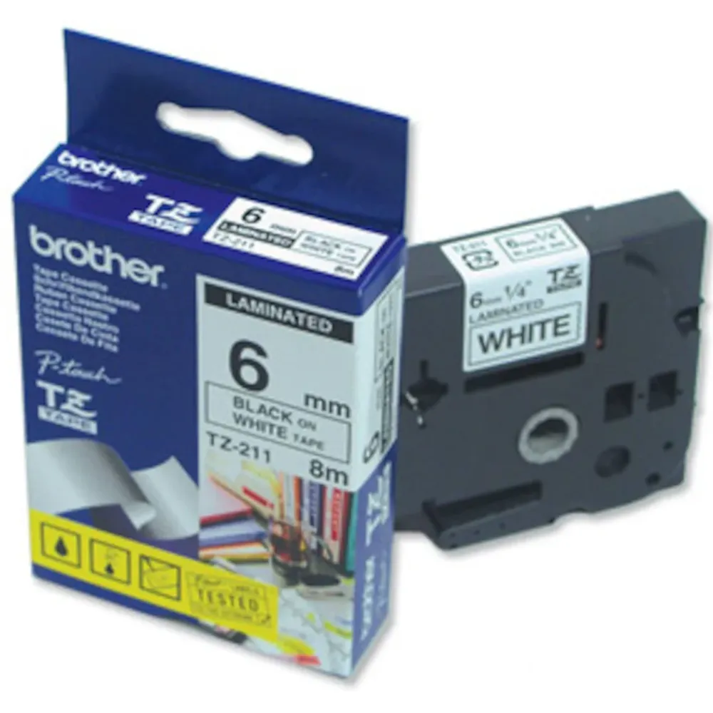 Brother Merking|TZe-tape 6 mm svart på hvitt