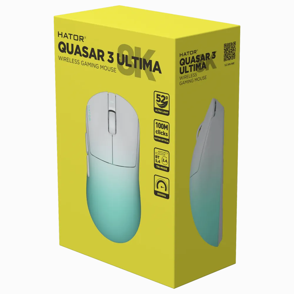 Hator Gaming Mus|Datamus|Quasar 3 Ultima 8K Wireless gamingmus Hvit/mint