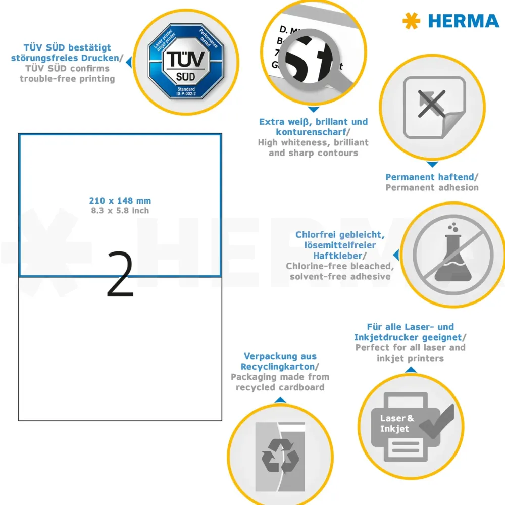 Herma Merking|Skrivere Og Tilbehør|Selvklebende skriverpapir A5 50-pk. - permanent