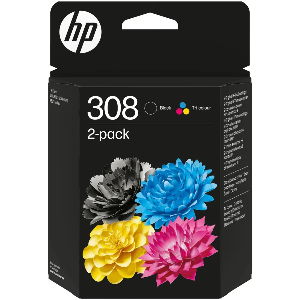HP Kalkulator|Makuleringsmaskiner|308 Blekkpatron 2-pk. – svart og farger