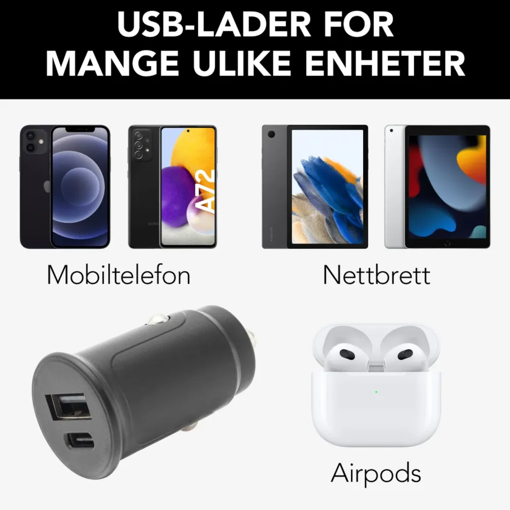 Linocell Mobiltelefonladere|USB-billader med USB-C- og A-port