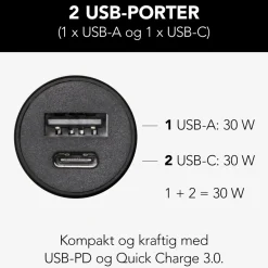 Linocell Mobiltelefonladere|USB-billader med USB-C- og A-port