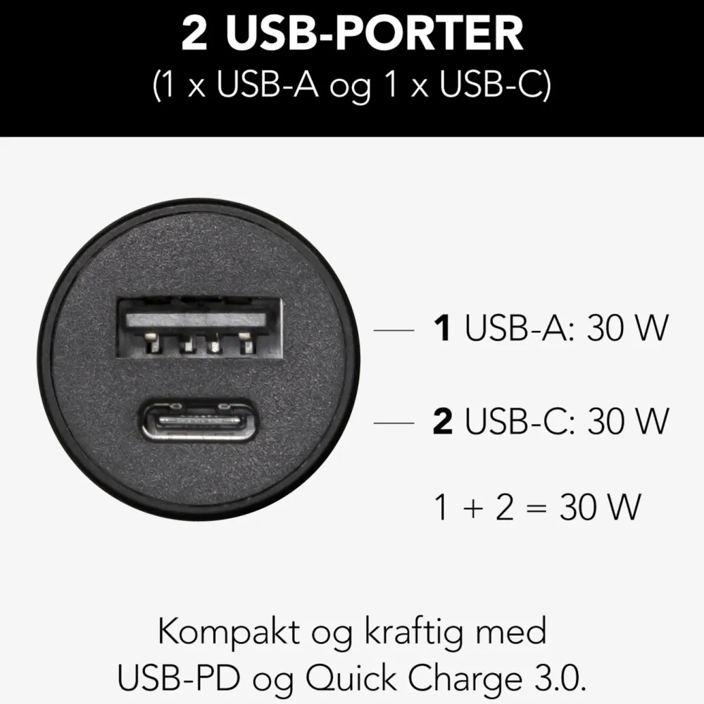 Linocell Mobiltelefonladere|USB-billader med USB-C- og A-port