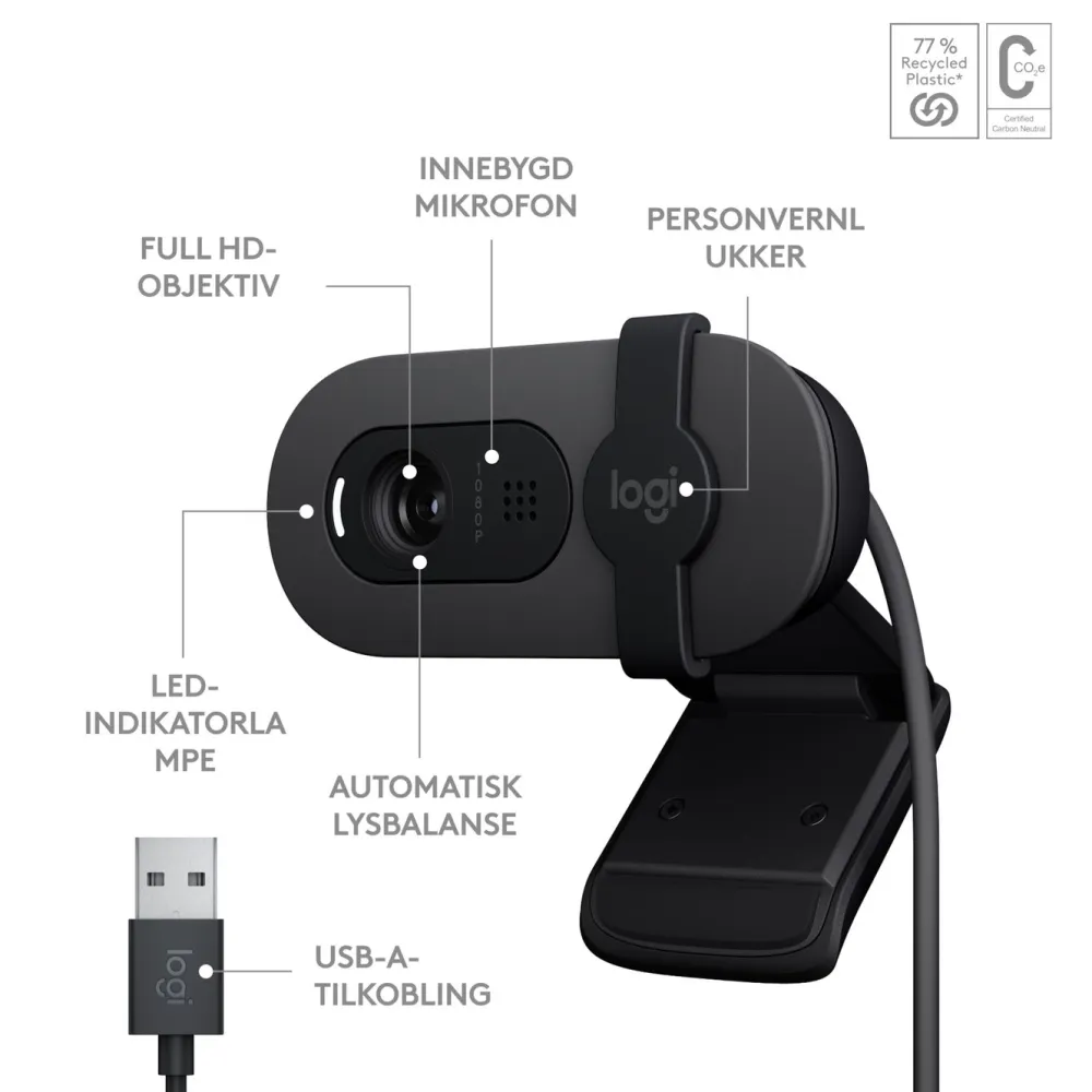 Logitech Hjemmekontor|Webkameraer|Brio 100 webkamera USB-A