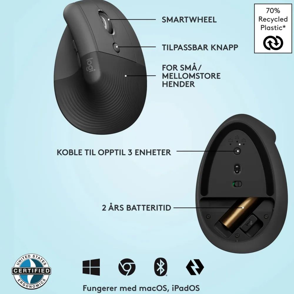Logitech Datatilbehør|Datamus|Lift Vertikal datamus Graphite