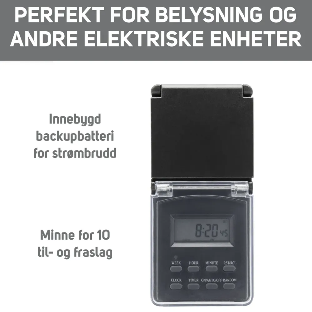 Luxorparts Sterkstrøm|Digital timer 7 døgn for utendørsbruk