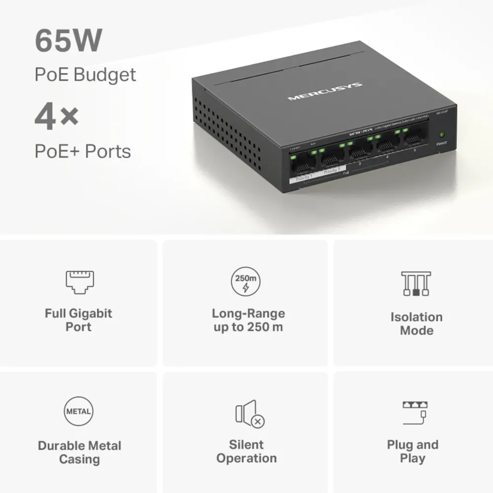 Mercusys Kablet Nettverk|MS105GP 5-porters gigabitswitch med POE+