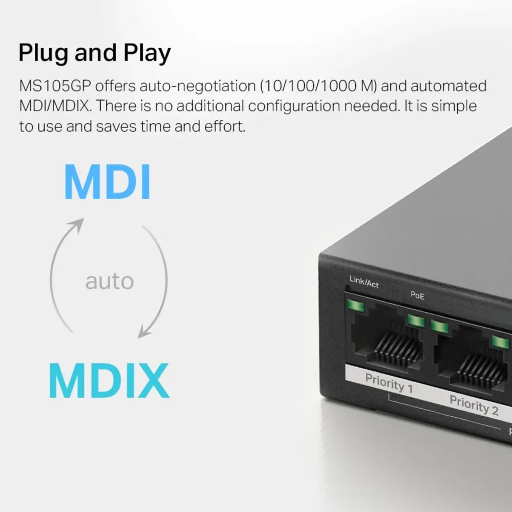 Mercusys Kablet Nettverk|MS105GP 5-porters gigabitswitch med POE+
