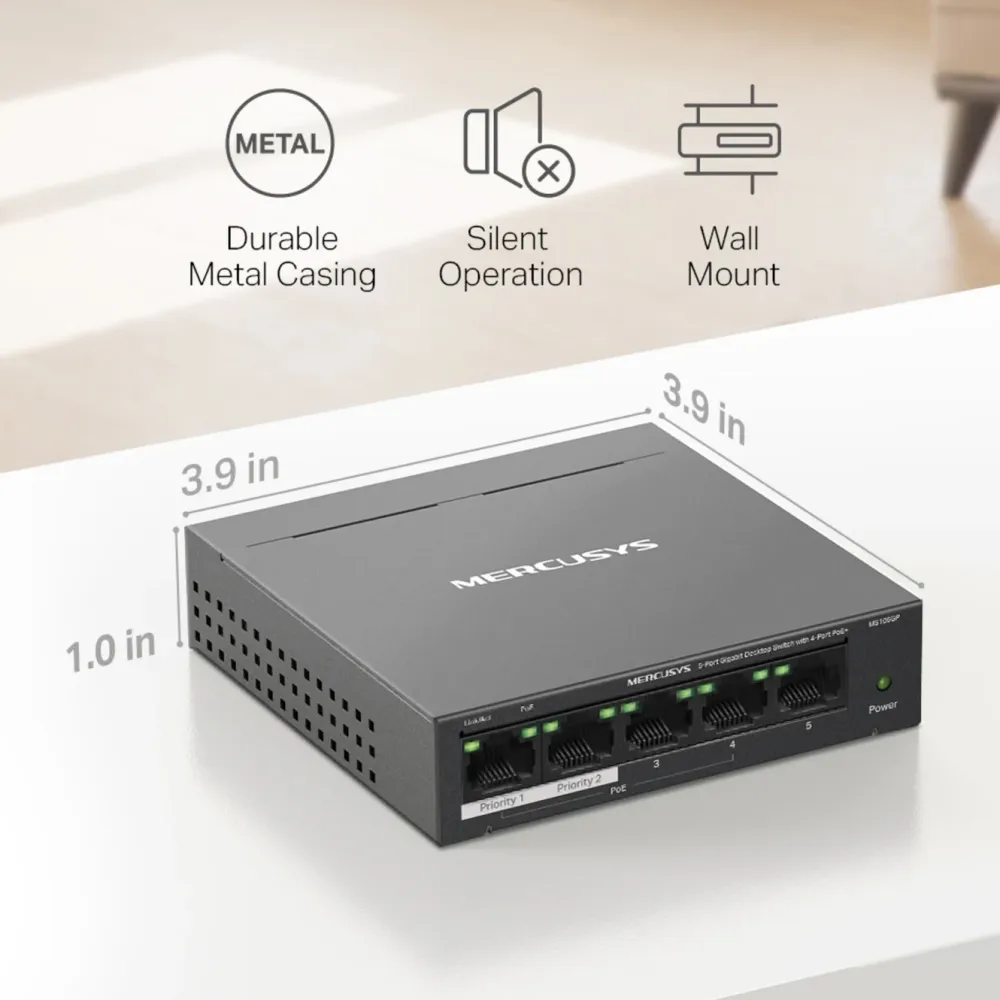Mercusys Kablet Nettverk|MS105GP 5-porters gigabitswitch med POE+