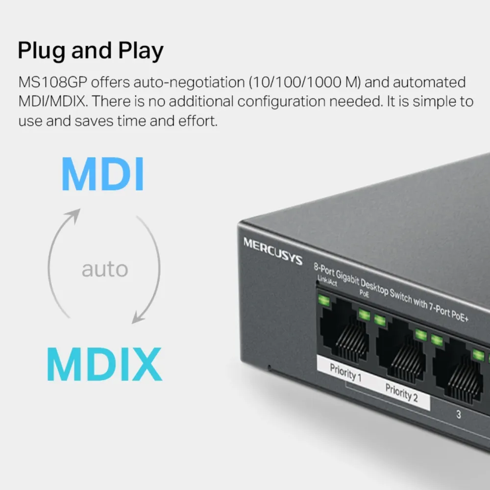 Mercusys Kablet Nettverk|MS108GP 8-porters gigabitswitch med POE+