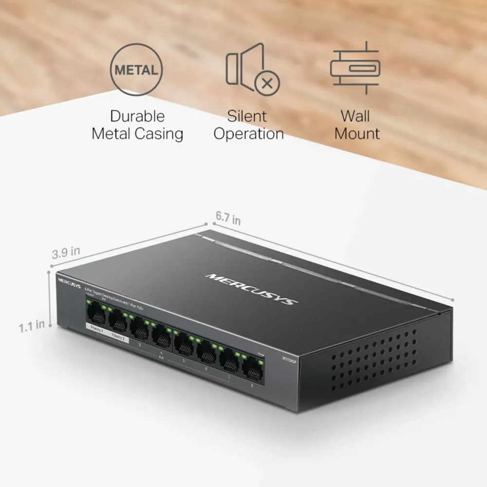 Mercusys Kablet Nettverk|MS108GP 8-porters gigabitswitch med POE+