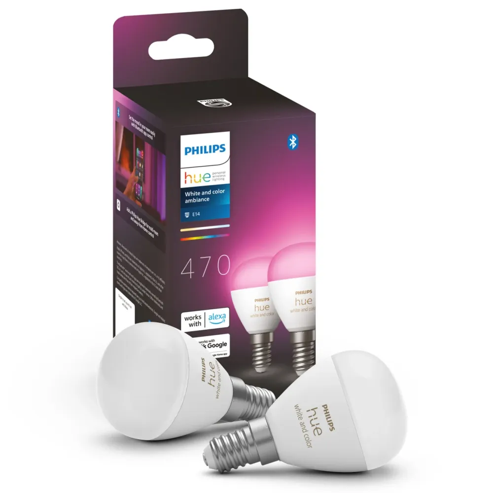 Philips Hue Smart Belysning|Smart Belysning|Luster Kuleformet LED-pære White and Color Ambiance E14 470 lm 2-pk.