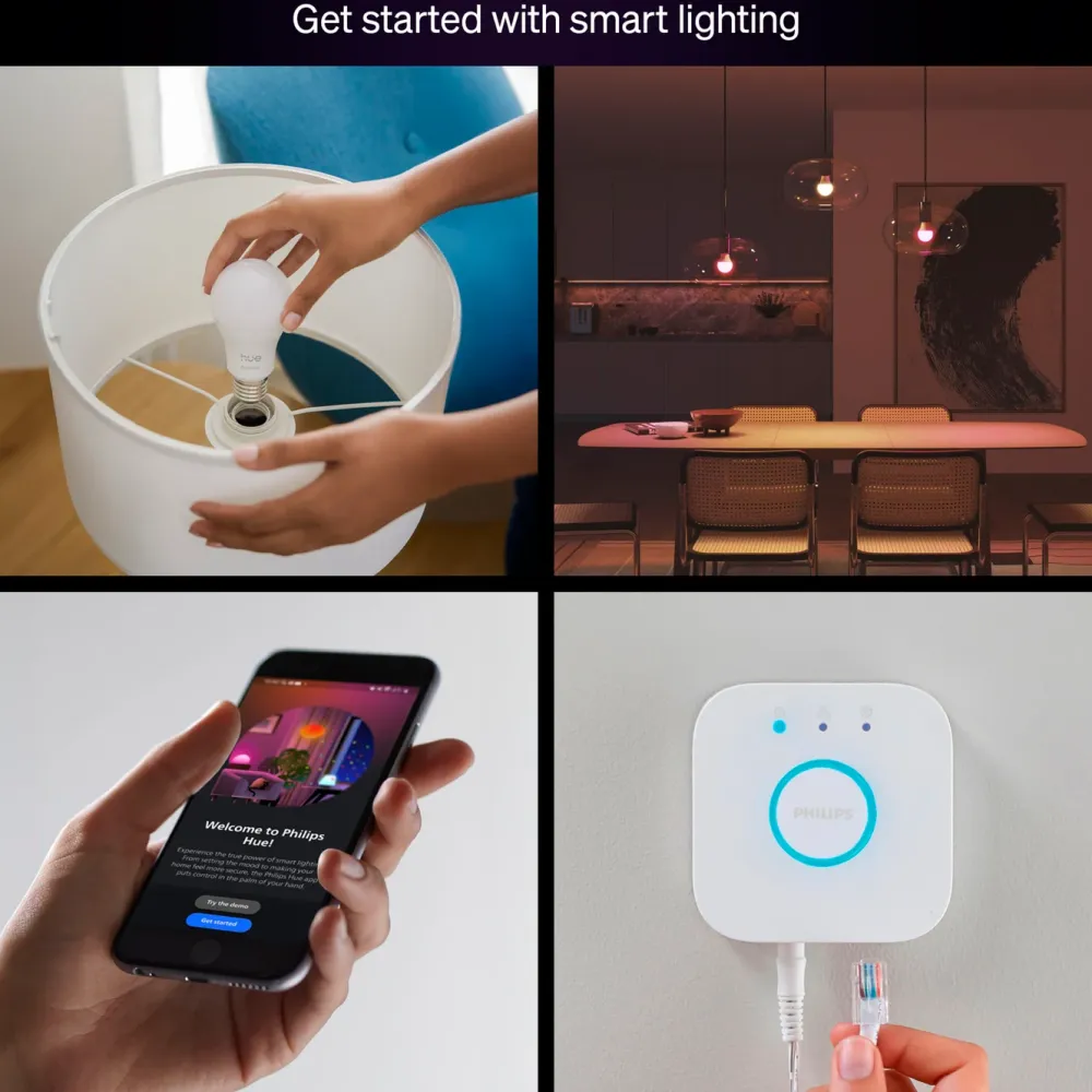 Philips Hue Smart Belysning|Philips Hue|Startpakke Essential: 3x White & Color E27 + Bridge