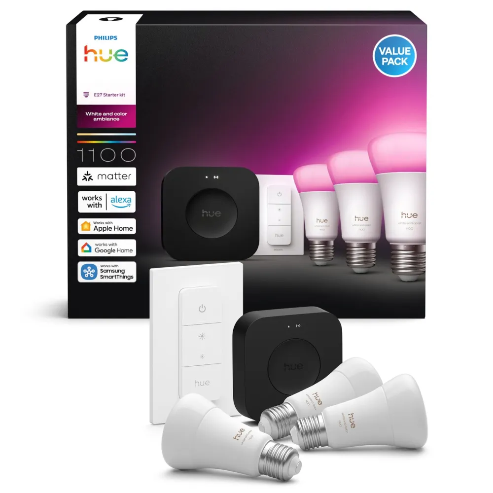 Philips Hue Smart Belysning|Philips Hue|Startpakke Pro: 3x White & Color E27 + Dimmer + Bridge Pro