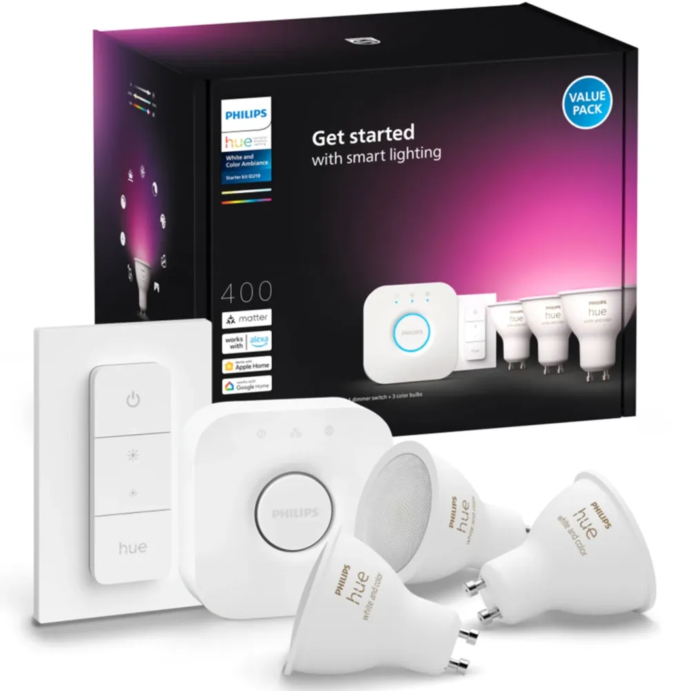 Philips Hue Smart Belysning|Smart Belysning|Startpakke: 3x White & Color GU10 + Dimmer + Bridge