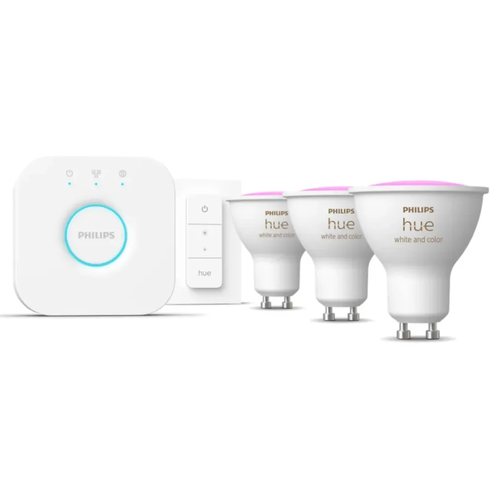 Philips Hue Smart Belysning|Smart Belysning|Startpakke: 3x White & Color GU10 + Dimmer + Bridge
