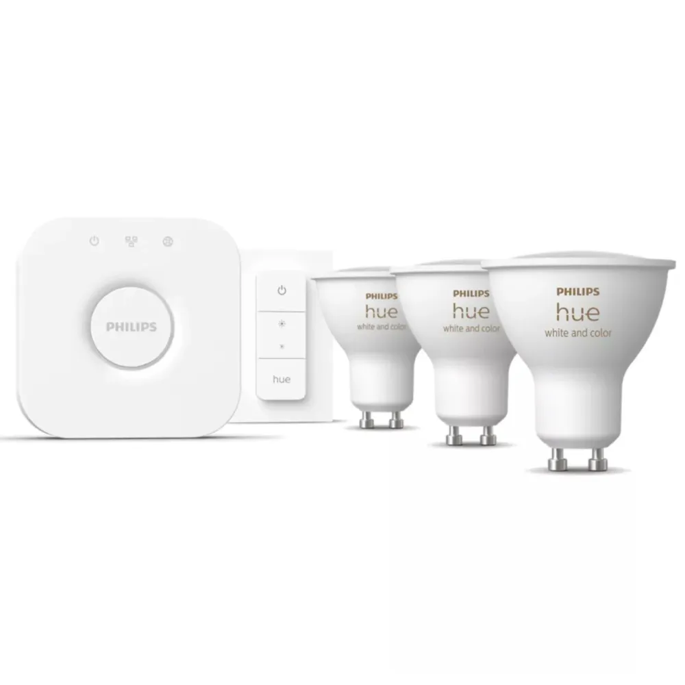 Philips Hue Smart Belysning|Smart Belysning|Startpakke: 3x White & Color GU10 + Dimmer + Bridge