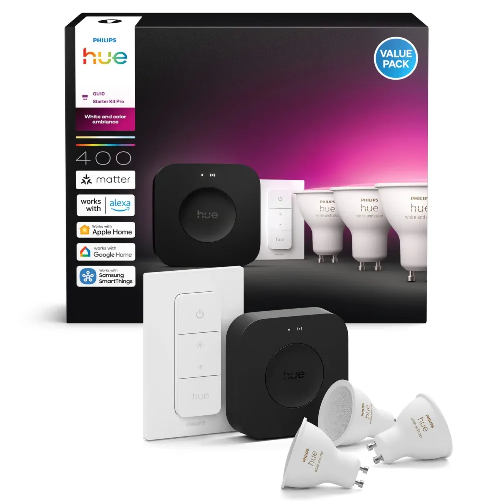 Philips Hue Smart Belysning|Philips Hue|White & Color Ambiance GU10 – Startpakke med Bridge Pro