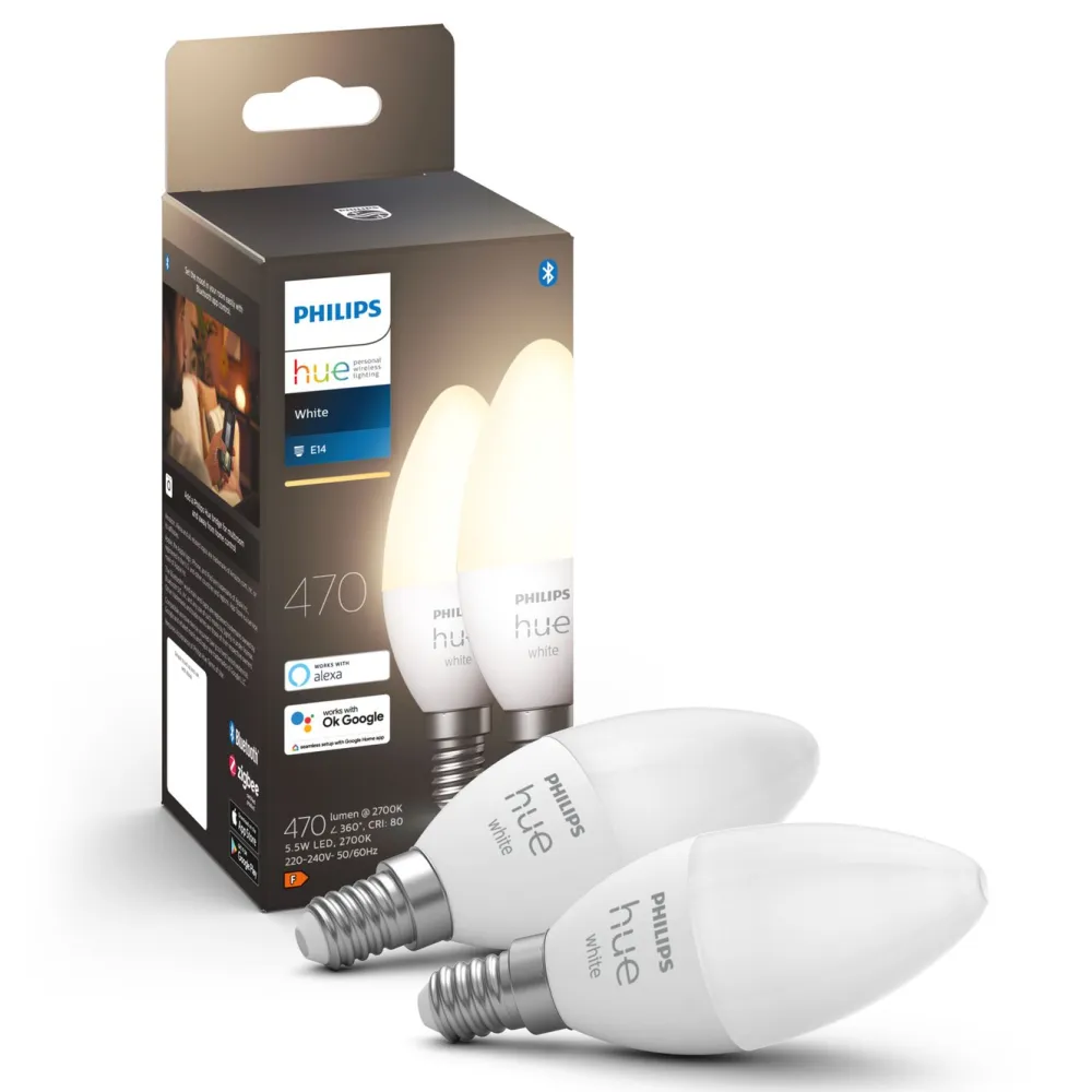 Philips Hue Smart Belysning|Lyslenker|White Smart LED-pære E14 470 lm 2-pk.