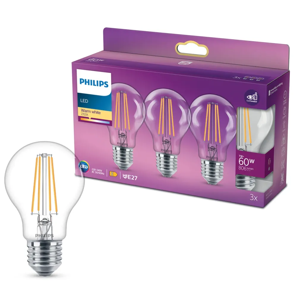 Philips Lyskilder|LED-globepære E27 806 lm 3-pk.