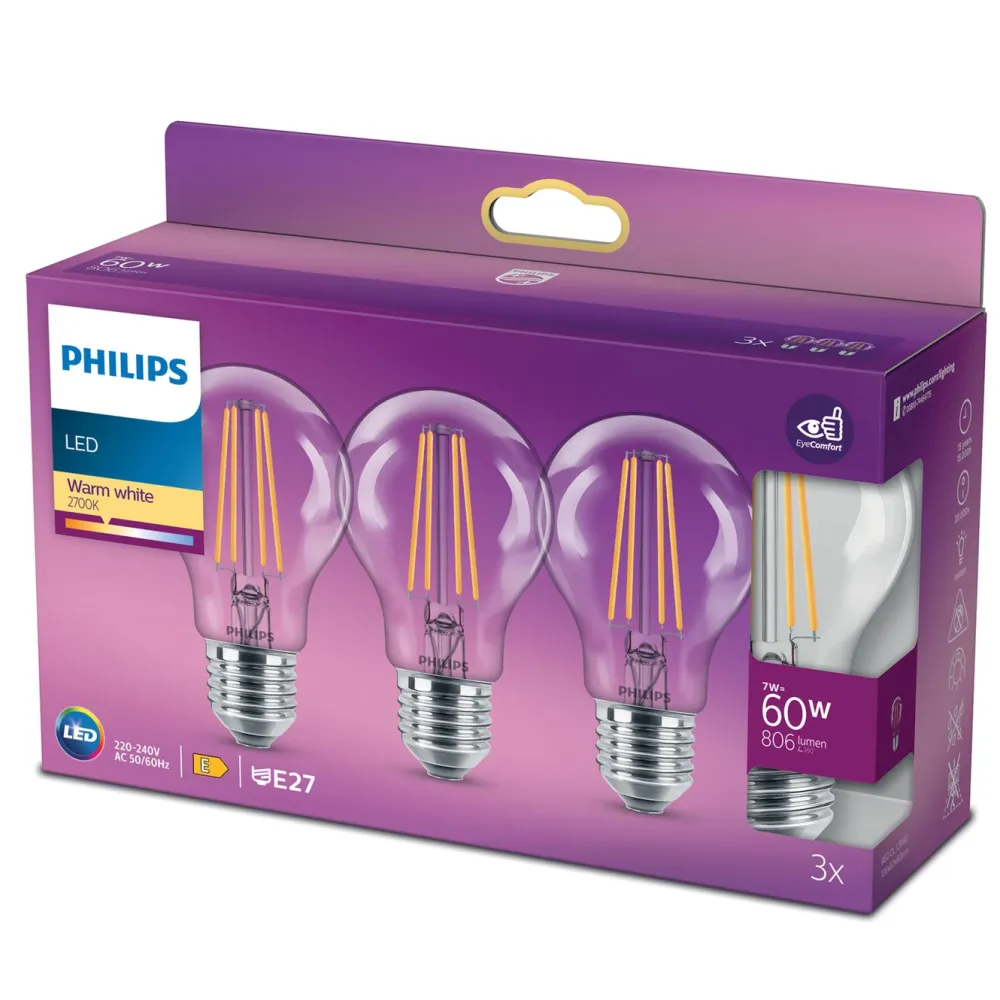 Philips Lyskilder|LED-globepære E27 806 lm 3-pk.