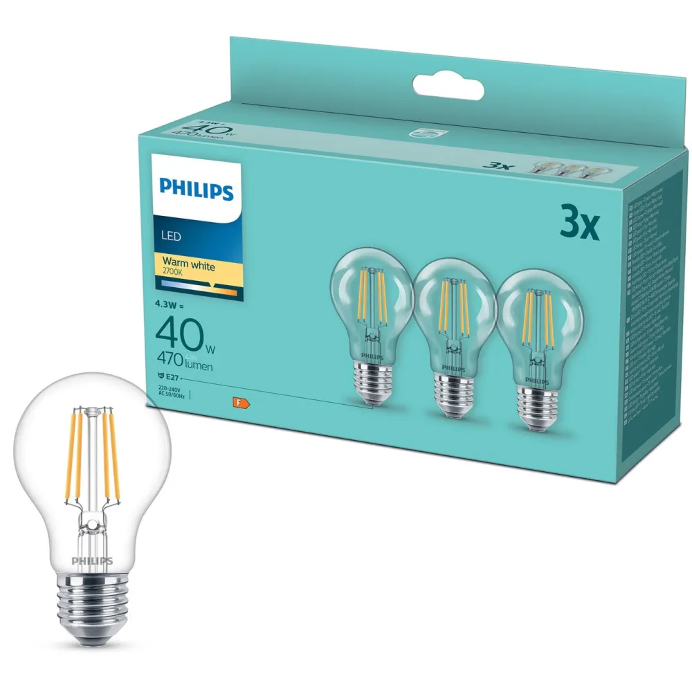Philips Lyskilder|LED-pære E27 470 lm 3-pk.
