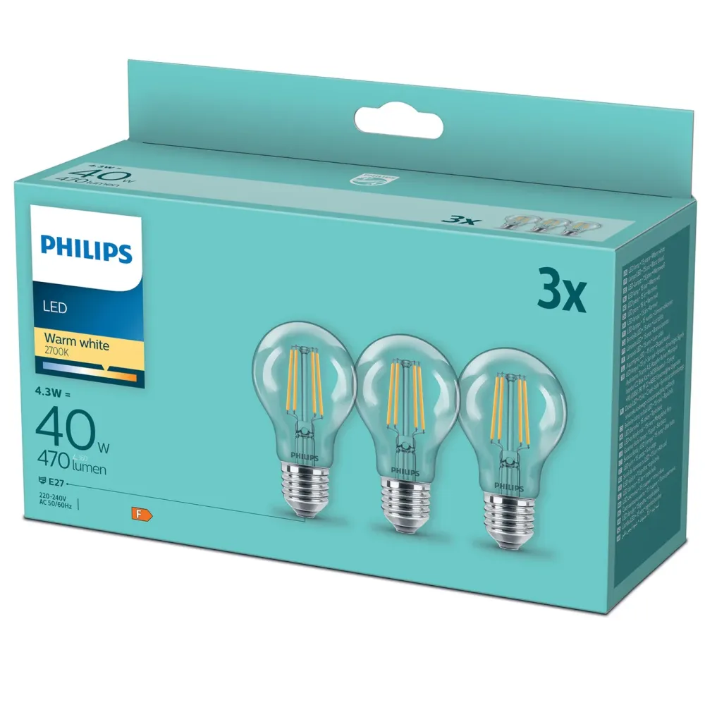Philips Lyskilder|LED-pære E27 470 lm 3-pk.