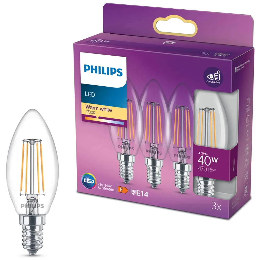 Philips Lyskilder|LED-pære Mignon LED E14 470 lm 3-pk.