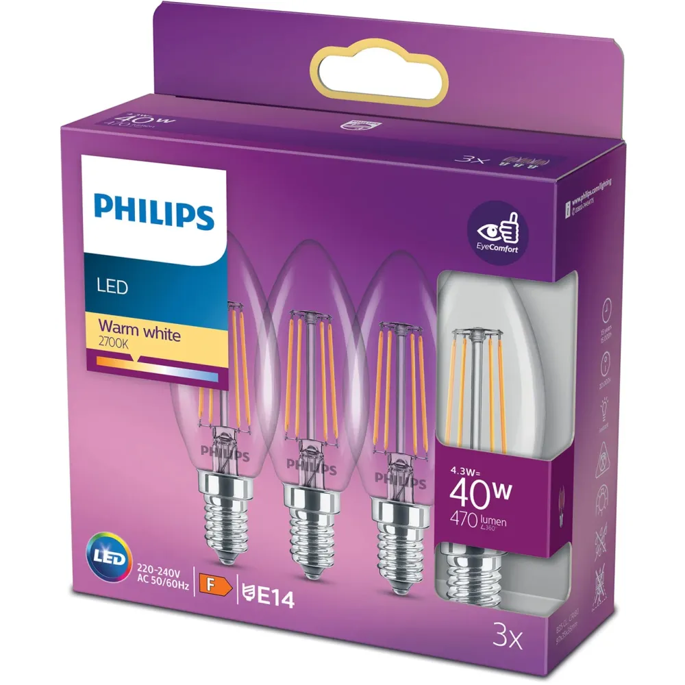 Philips Lyskilder|LED-pære Mignon LED E14 470 lm 3-pk.