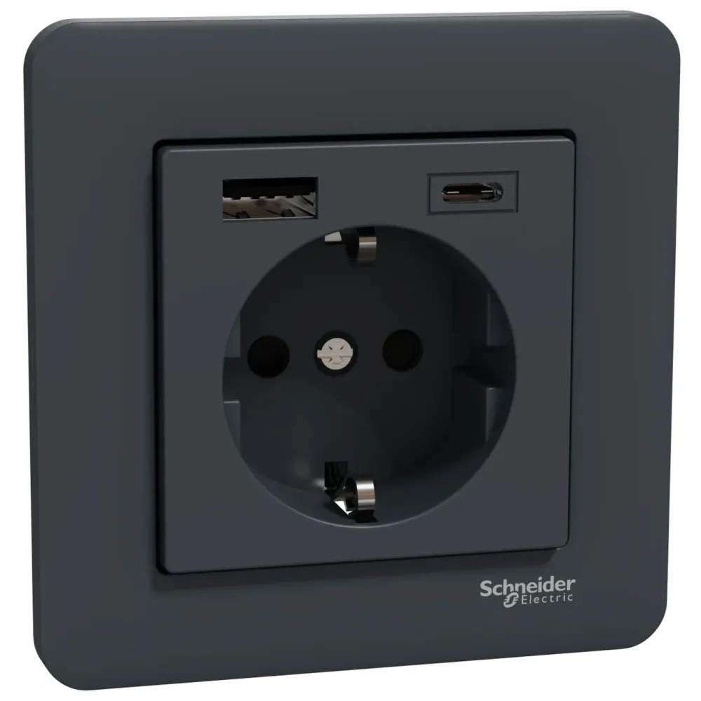 Schneider Electric Sterkstrøm|Exxact Jordet vegguttak med USB-porter Svart