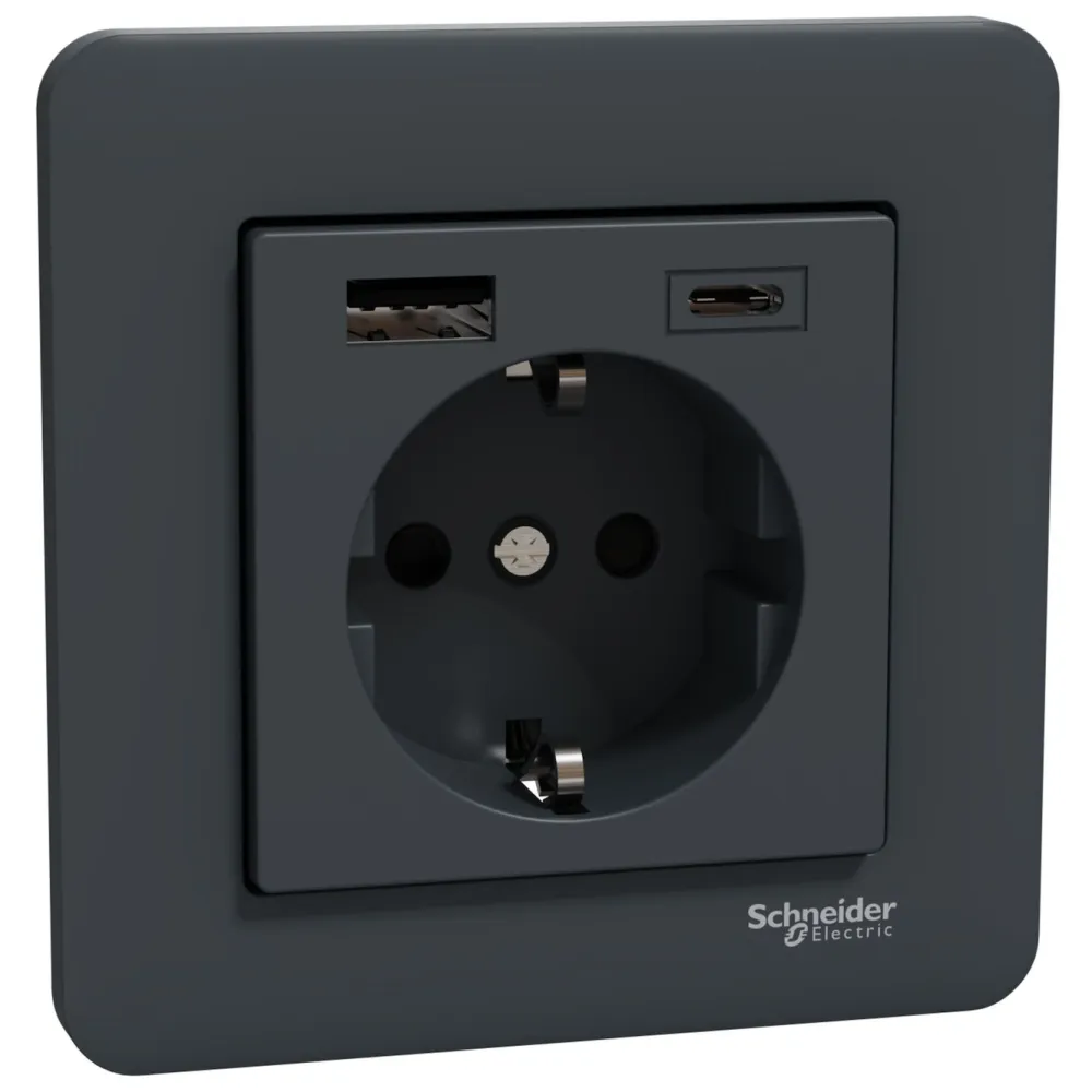 Schneider Electric Sterkstrøm|Exxact Jordet vegguttak med USB-porter Svart