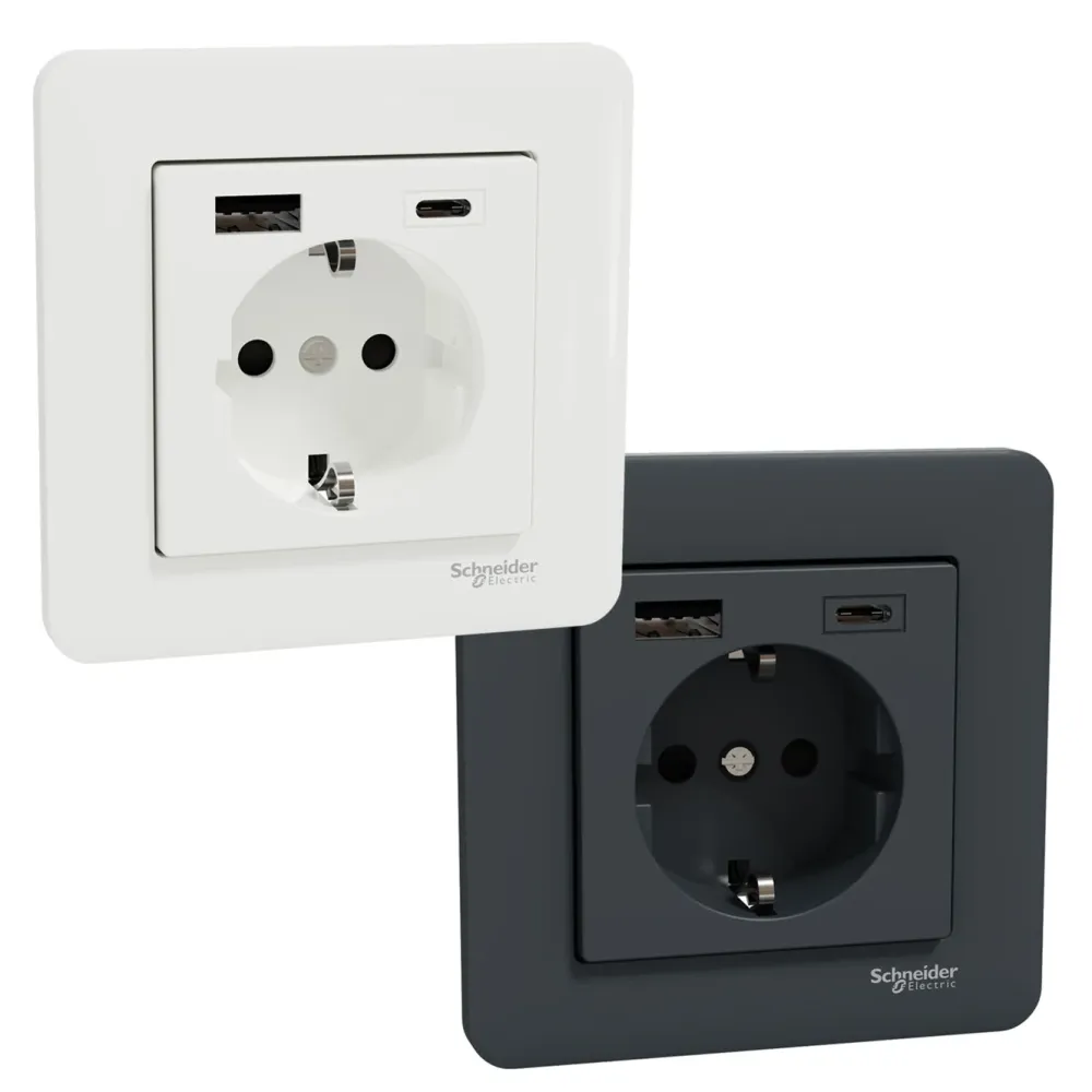 Schneider Electric Sterkstrøm|Exxact Jordet vegguttak med USB-porter Svart