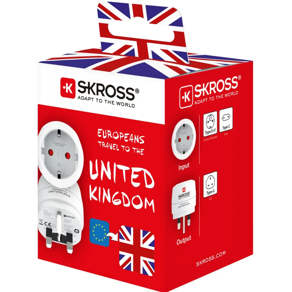 Skross Reiseeffekter|Overfallsalarm|Jordet reiseadapter Storbritannia