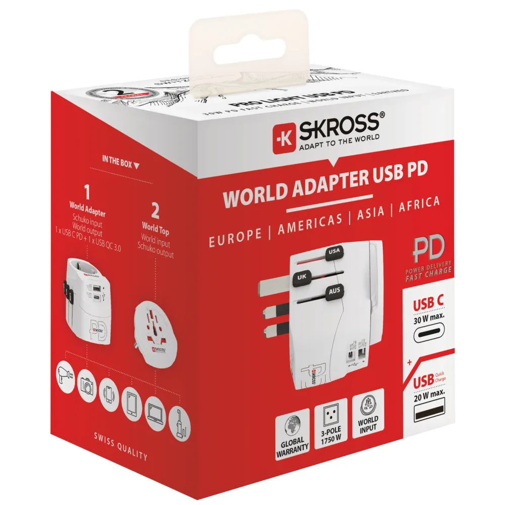 Skross Reiseeffekter|Overfallsalarm|Jordet reiseadapter - universal med USB-uttak