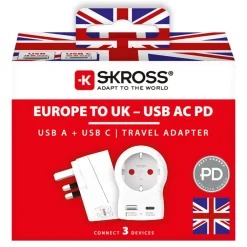 Skross Reiseeffekter|Overfallsalarm|Reiseadapter Europa til UK USB AC PD 20W