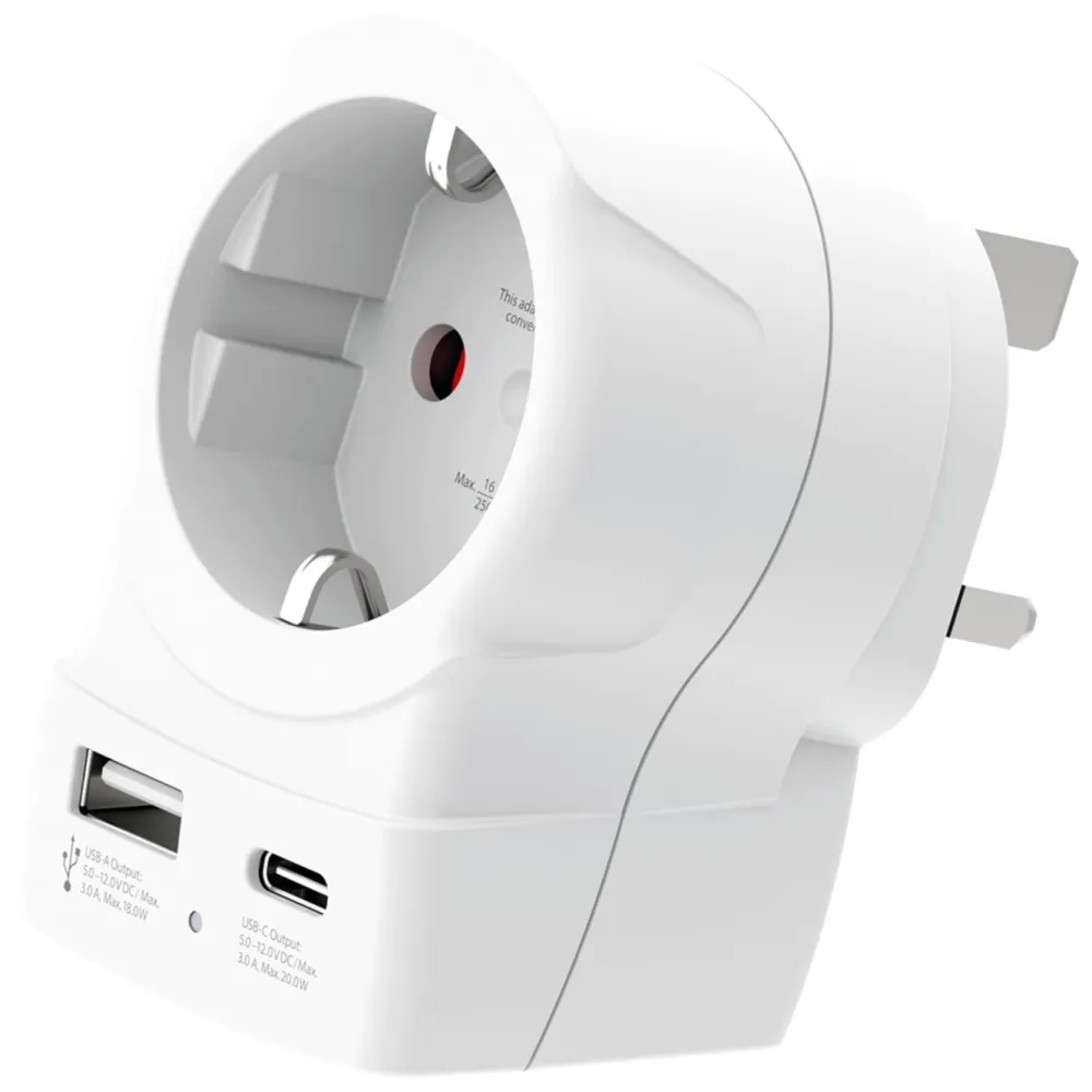 Skross Reiseeffekter|Overfallsalarm|Reiseadapter Europa til UK USB AC PD 20W