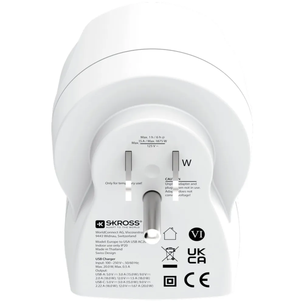 Skross Reiseeffekter|Overfallsalarm|Reiseadapter Europa til USA USB AC PD 20W