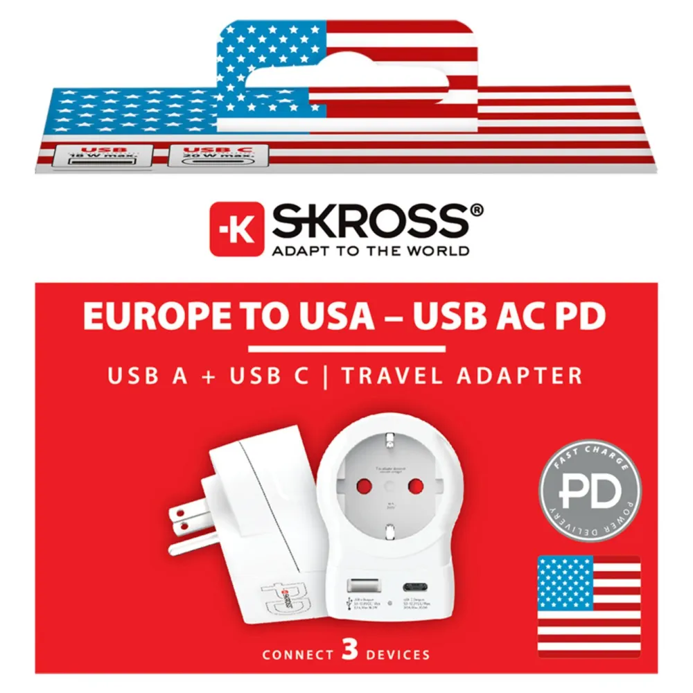 Skross Reiseeffekter|Overfallsalarm|Reiseadapter Europa til USA USB AC PD 20W
