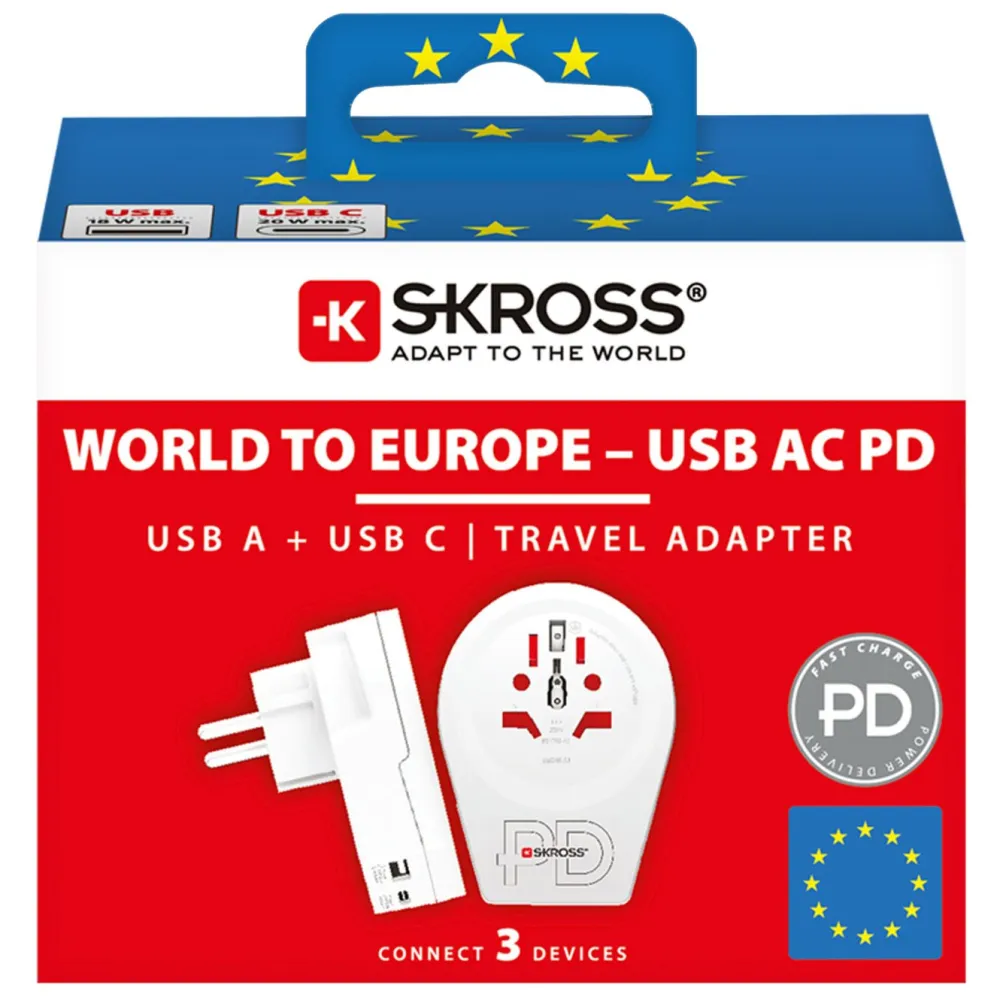 Skross Reiseeffekter|Overfallsalarm|Reiseadapter Universal til Europa USB AC PD 20W