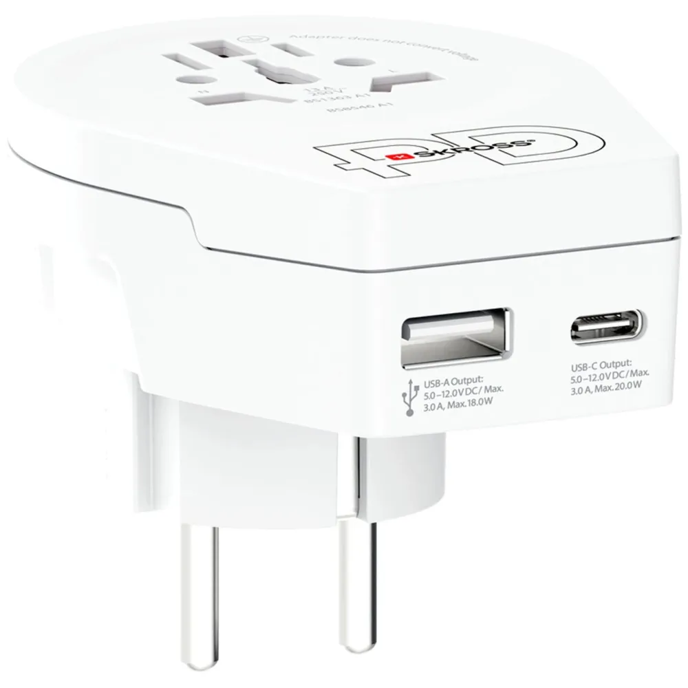Skross Reiseeffekter|Overfallsalarm|Reiseadapter Universal til Europa USB AC PD 20W