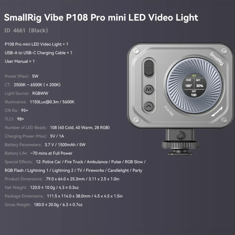 SmallRig Foto Og Video|Vibe P108 Pro mini-LED-videolampe