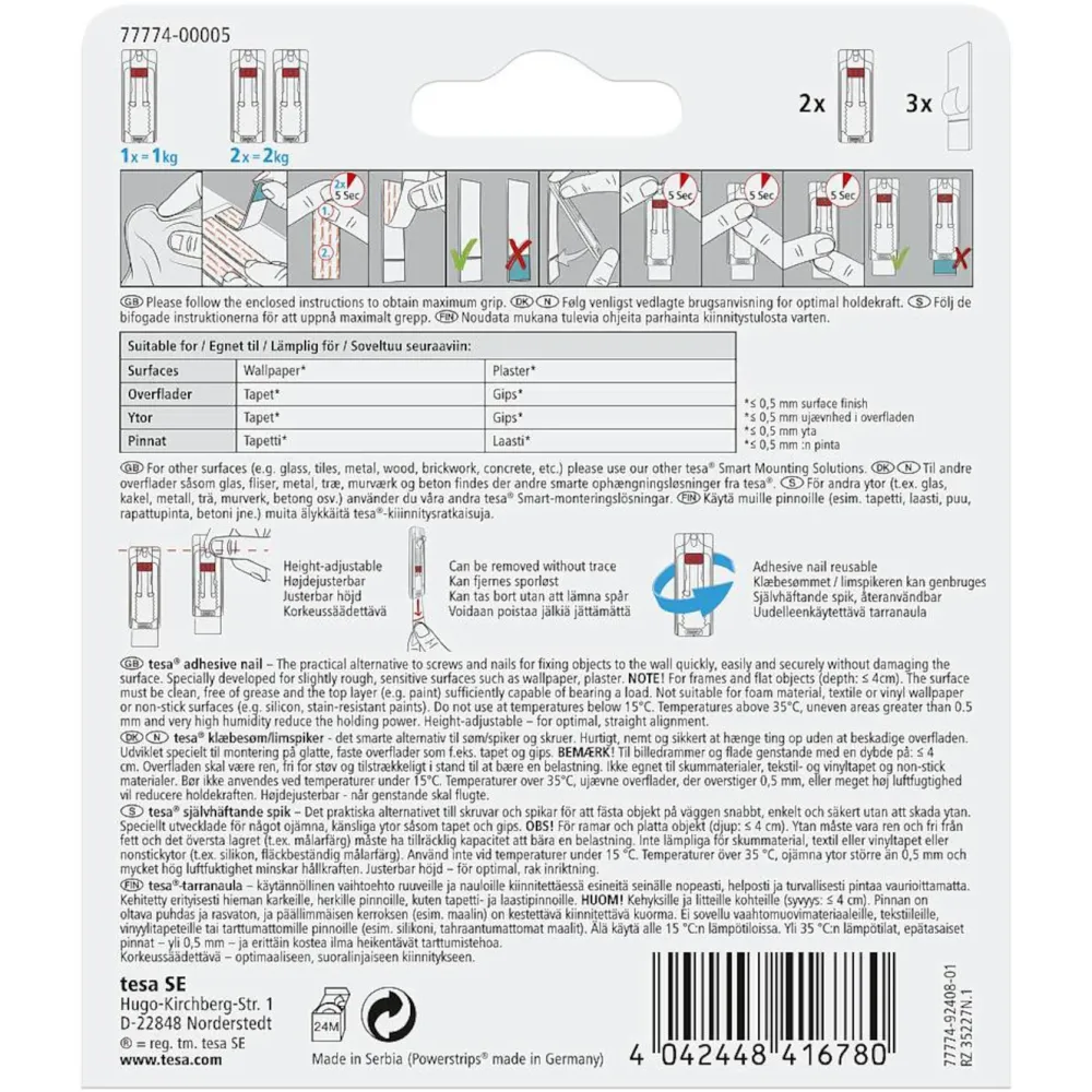 Tesa Teip|Opphenging|Justerbar limspiker for tapet og gips 1 kg 2-pk.