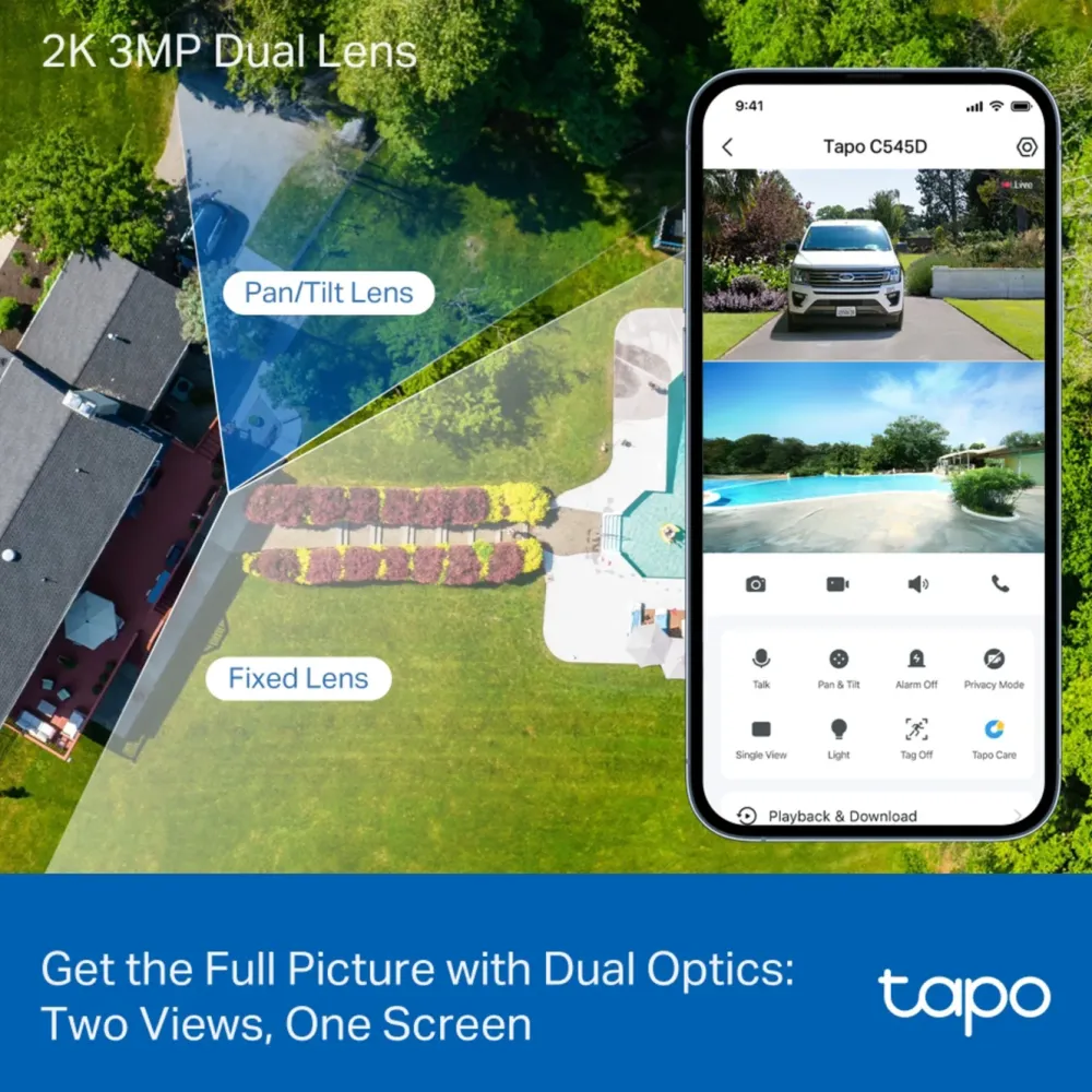 TP-Link Alarmsystemer|Skimmingsbeskyttelse|Tapo C545D Overvåkingskamera med doble linser 2K, IP66, wifi
